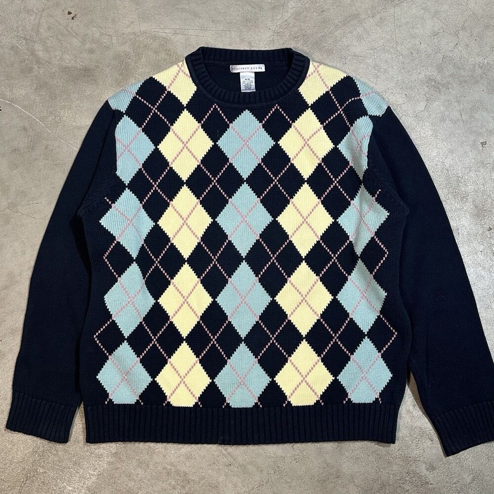 Vintage Geoffrey Beene Argyle Cotton Sweater Mens Medium Crewneck